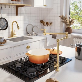 WOWOW Pot Filler Deck Mounted - Solid Brass Pot Filler Faucet Brushed Gold Kitchen Stove Faucet with Double Joint Swing Arm (Victorian Style)