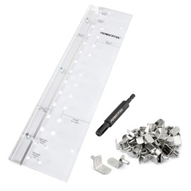 POWERTEC Shelf Pin Jig w/ 5mm Self Centering Drill Bit & 50pcs Shelf Pegs, 3/8" Holes Shelf Pin Drilling Jig and 5mm L-Shaped Bracket Shelf Pins Support Pegs for Shelves, Kitchen Cabinet (72237)