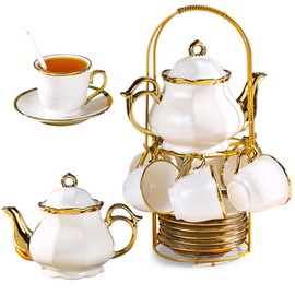 20-Piece Porcelain Tea Sets for Adults, British Style Tea Party Sets for 6 Adults, Includes Tea Cups and Saucers, Teapot, Spoons & Metal Rack, Elegant Ceramic Tea Set for Women, Wedding & Home Decor