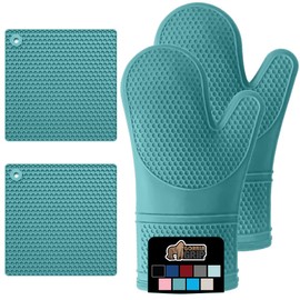 Gorilla Grip Juego de manoplas y salvamanteles de silicona resistentes al calor y al deslizamiento, impermeables, con forro de algodón, sin BPA, guantes de cocina largos y salvamanteles, juegos de agarraderas de cocina, 4 piezas, turquesa