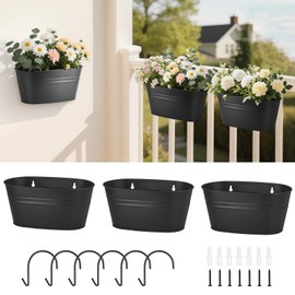 Dahey 3 Pcs Metal Hanging Flower Pots for Railing Fence 10.6 Inch Wall Planters for Indoor Plants Outdoor Countryside Window Flower Holder with Hooks Drainage Holes for Garden Yard Home Decor, Black