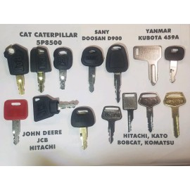 All (14) Heavy Equipment Key Set, Cat, Komatsu, Bobcat, Hitachi, Kubota, John Deere