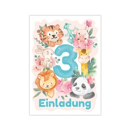 12 Invitation Cards for 3rd Children's Birthday 3rd Birthday Animals Girls Boys Panda Lion Tiger