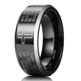 King Will 8mm Black Tungsten Carbide Rings for Men Lord's Prayer Engraved Mens Christian Cross Bible Ring Male Religious Faith Wedding Band Polished Finish Beveled Edge, Size 8