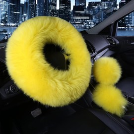 Younglingn Car Steering Wheel Cover Gear Shift Handbrake Fuzzy Cover 1 Set 3 Pcs Multi-Colored with Winter Warm Pure Wool Fashion for Girl Women Ladies Universal Fit Most Car(Yellow)