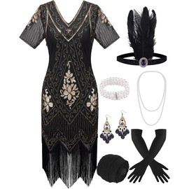 ELFIN 20s Dresses Flapper Dress Women's Fringe Sequin Dress 20s Party Dress Accessories 1920s Costume Dresses with Headband, Headpiece, Long Black Gloves Necklace, XXL, Black Gold