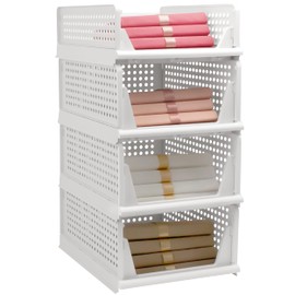Goderewild Stackable Foldable Storage Baskets, Folding Storage Bins, Closet Organizers and Plastic Drawer Shelf Storage Container for Wardrobe, Cupboard, Kitchen, Bathroom, Office (White, 3L1S)
