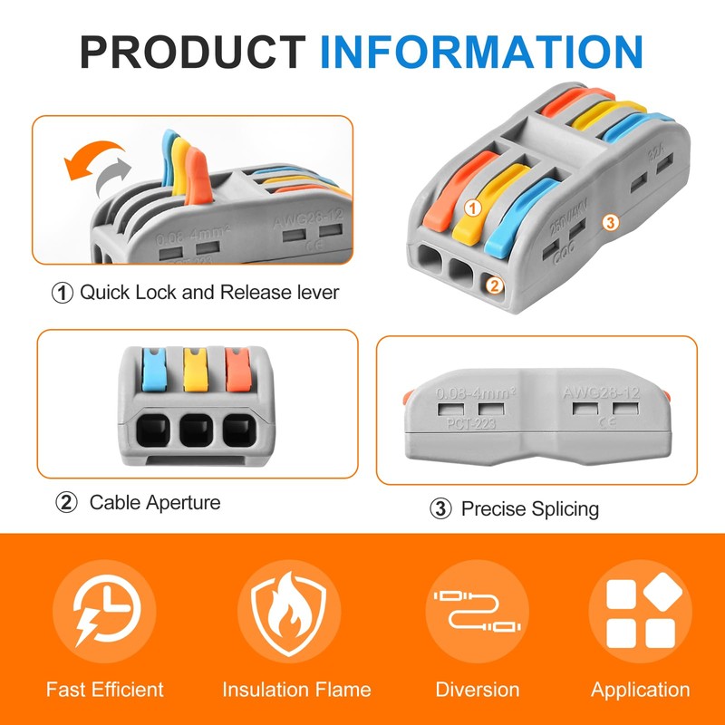 Wire Connectors Nuts, 50pcs 3 Conductor Compact Splicing Wire Connectors,