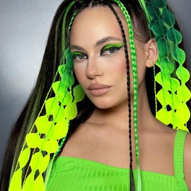 Beavorty Bubble Braids Hair Extensions: 2pcs Colored Festival Rave Braids Green Ponytail Extension with Ties for Girls Festival Rave Braid 22.4in