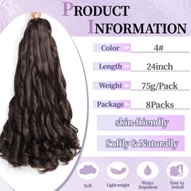 Locescsoc 24 Inch French Curls Braiding Hair 8 Packs Spanish Curly Braids Pre Stretched Loose Wave Soft French Curl Synthetic Braiding Hair Extensions for Women (4#, 24 Inch (Pack of 8))