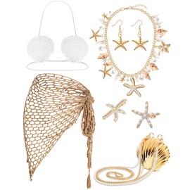 Skicuff 7 Pcs Mermaid Costume Accessories Women Mermaid Crochet Cover up Beach Fishnet Skirt Shell Bra Necklace Earring(Shell)