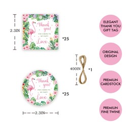 FORSHEEP 50pcs Flamingo Thank You Tags, Hawaiian Gift Tag with String for Tropical Luau Party, Round Thank You Paper Tags for Birthday/Aloha Jungle Summer Party Favors