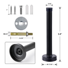 Door Stops, 6 Inch Long Door Stopper, Wall Mount, Black Doorstops Heavy Duty Solid Brushed Stainless Steel Door Stop with Soft Rubber Bumper Tips, 2 Pack