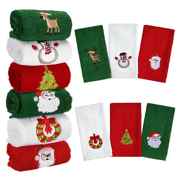 6 Toallas de Mano Decorativas Navideñas Paños de Cocina de Árbol de Navidad Papá Noel Reno Muñeco De Nieve Bordado Toallas de Baño de Tela Blanca Roja Verde (Estilo Clásico)