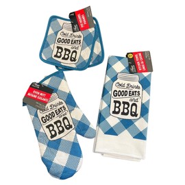 Cold Drinks Good Eats and BBQ Spring Summer Mason Jar Kitchen Linen Set - Includes 1 Oven Mitt, 2 Pot Holder, and 1 Kitchen Towel