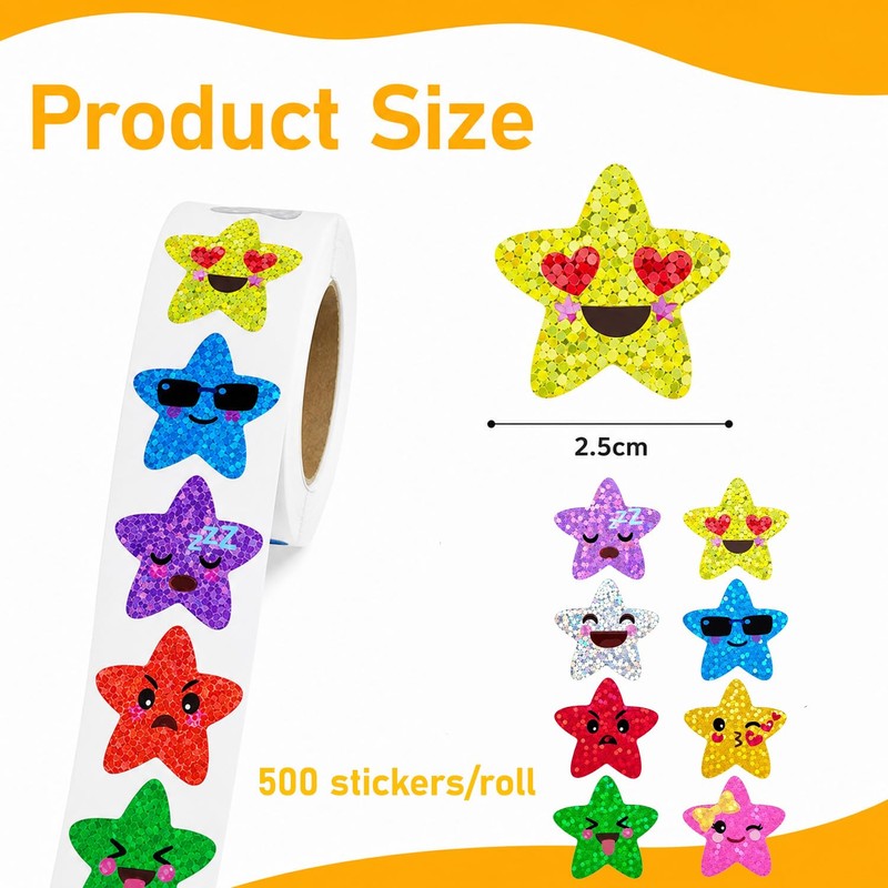 500 Pcs Glitter Star Stickers Roll, Smiley Reward Stickers for