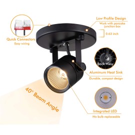 CLOUDY BAY LED Flush Mount Ceiling Spot Light,CRI90+ 8W 600lm 3000K Warm White Dimmable,Adjustable Tilt Angle Ceiling Light Fixture,Black