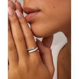 PAVOI 14K Gold Plated Stackable Rings for Women | Open Twist Wavy Colored Enamel and Cubic Zirconia Rings | Blue White Purple Enamel Eternity Bands, 9, White Gold, Cubic Zirconia