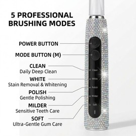 Diamond Sonic Electric Toothbrush Bling Rechargeable Toothbrushes for Adults with 6 Brush Heads Vibrating Toothbrush-5 Modes, USB-C Fast Charge,2Min Smart Timer,IPX7 Waterproof(Colorful)