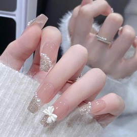 24PCS with Nail Glue Press On Nails, Stick On Nails for Women Girls, Short Long Almond Square Ballet Shape Fake Nails (White Pearl Glitter)