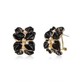 EVER FAITH Holiday Party Stud Earrings, Costume Jewelry 18k Gold Plated White Crystal Black Enamel Leaves Flower Omega Back Hoop Earrings for Women