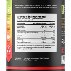Vitamina C y Escaramujo 240 Cápsulas 650 mg por porción. Adicionado con fosfolípidos. Ingredientes naturales. C Liposomal B Life.