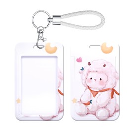 SHININGEYES ID Card Badge Holder Key Chain with Metal Keyring, Plastic Slide Open with ID Window for Women Men Girls Students,White Lamb