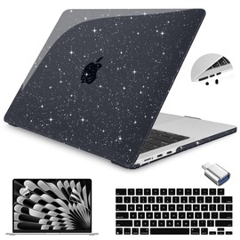 Teryeefi Sparkly Case for M4/M3/M2 MacBook Air 15 inch Case 2025 2024 2023 Model A3241/A3114/A2941, Laptop Hard Shell with Keyboard Cover&OTG Adapter& Screen Protector, Glitter Black