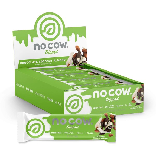 No Cow Chocolate Dipped Protein Bars, 20g Plant Based Vegan Protein, Low Sugar, Low Carb, Low Calorie, Gluten Free, Naturally Sweetened, Dairy Free, Non GMO, Kosher, Chocolate Coconut Almond, 12 Pack
