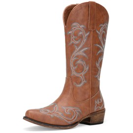 Jeossy Brown Cowboy Boots for Women Wide Calf, Mid Calf Cowgirl Boots with Low Heel, 9808 Size 9.5 US, Western Shoes Side Zipper (DJY9808 Brown 09.5)