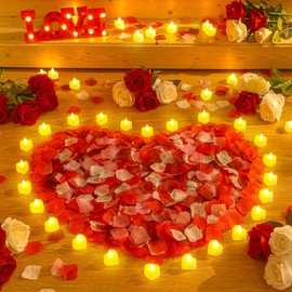 Honoson 1000 Pieces Artificial Rose Petals with 24 Pcs Flameless Heart Shaped LED Tealights Candles Romantic Night Decorations for Wedding Anniversary Table Decor(White with Yellow)