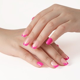 evpct Hot Pink French Tips Press on Nails Short Square for Women Gift, Nude + Hot Pink Tips, Rose Red Glossy Soft Gel Press Glue On Nail with Nail Glue, Fit Full Cover Reusable Acrylic Fake Nail Kit