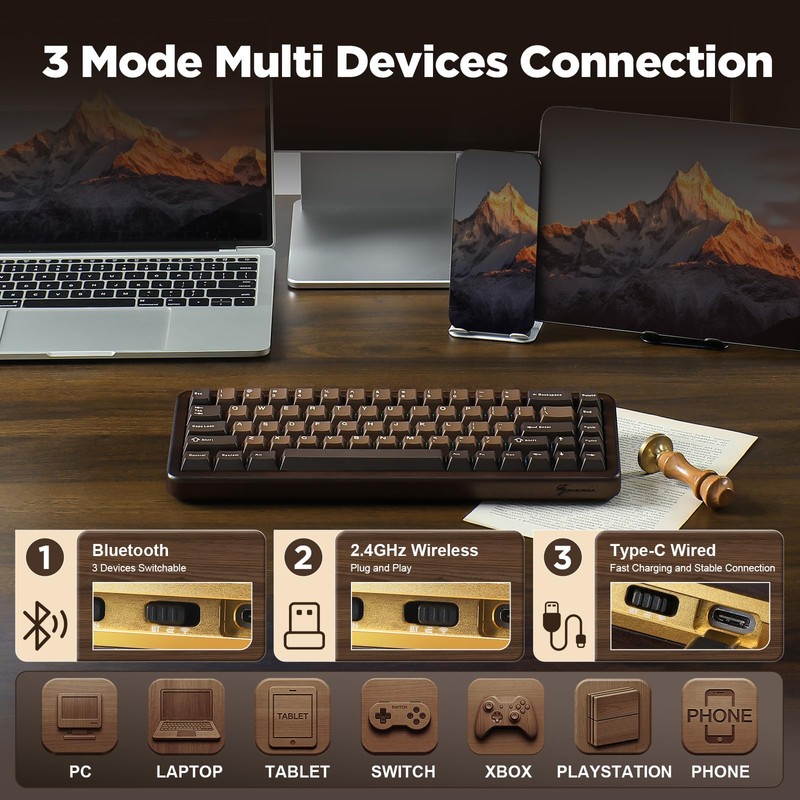 YUNZII WOOD68 65% Wireless Hot Swap RGB Mechanical Keyboard (Wood,