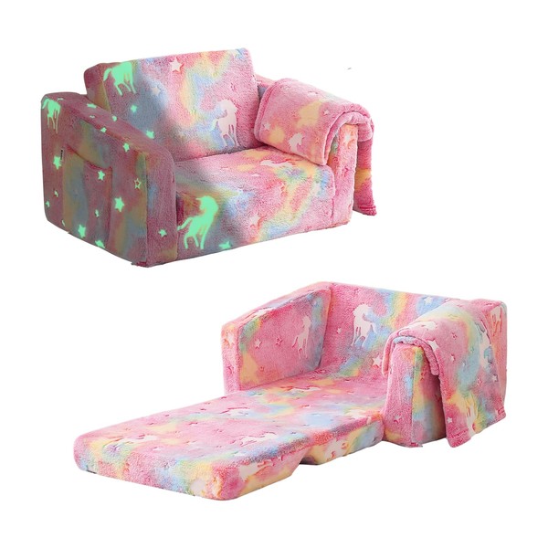 Kisdsa Toddler Couch Fold Out, Foldable Toddler Chair with Blanket,