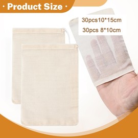 60 Pcs Muslin Bags with Drawstring（10 * 15cm and 8 * 10cm）,Reusable Tea Bags, Spice Bags for Cooking Soup/Herb/Loose Leaf Tea, Natural Cotton Cheese Cloth Bag for Straining, Sachet Bags Empty