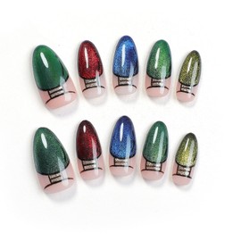 Handmade Press on Nails Luxury Glitter Christmas Lights French Tip Fake Nails Green False Nail Design Handmade Thickened Artificial Acrylic Nail Press ons Almond Nails Glue on Nail for Women（Size L）