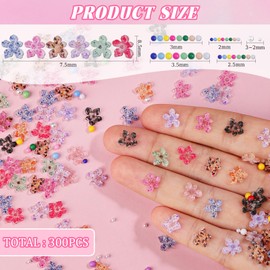 300Pcs Flower Nail Charms Kit, 100Pcs 3D Jelly Mini Hawaii Flowers Charms and 100Pcs Nail Pearls with 100Pcs Macaron Beads, Colorful Hibiscus Floral Tiny Gems Round Beads for Nails Design