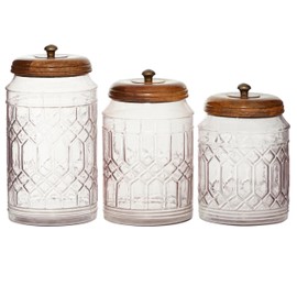Deco 79 Glass Living Room Decorative Jars Decorative Container with Wood Lids, Set of 3 Jar with Lid 8", 9", 11"H, Clear