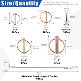 Glarks 50Pcs Heavy Duty Lynch Pin with Lanyard Cable Set 30Pcs Lynch Pin Lock Pin Clips and 10Pcs 304 Stainless Steel Lanyard Cable with Quick Release Ring for Farm Tractors Trailers Trucks Mowers
