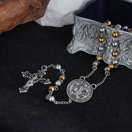 St Benedict Rosary for Men Women - 925 Sterling Silver Catholic Rosary with Cross Benedict Medal - Rosario Católico with Stainless Steel Chain - Holy Prayer Beads for Protection