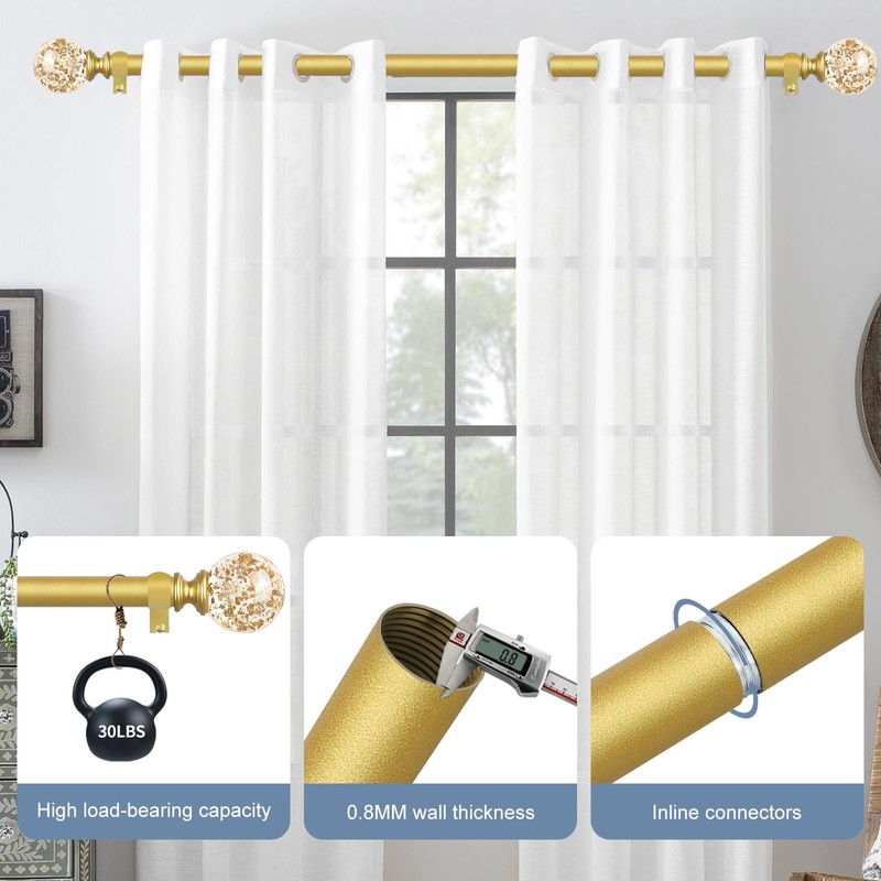 TVWOO Gold Decorative Crystal Curtain Rods 2 Pack:18-45" Heavy Duty