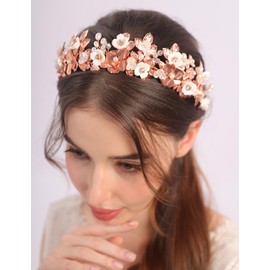 BERYUAN Rose Gold Flower Leaf Wedding Headband Vintage Flower Leaf Pearls Bridal Headpiece White Flower Pearls Rhinestone Headband Rose Gold Wedding Hair Accessories for Women