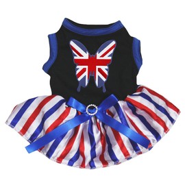 Petitebelle Puppy Clothes Dog Dress British Butterfly Black Top RWB Stripes Tutu (Medium)
