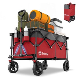 Sekey 220L Collapsible Foldable Wagon with 330lbs Weight Capacity, Heavy Duty Folding Wagon Cart with Big All-Terrain Wheels & Drink Holders (Red&Grey)
