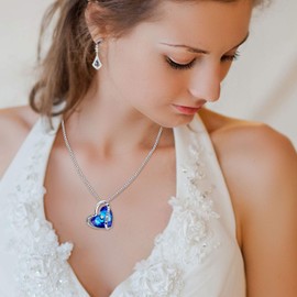 MEDWISE Womens Blue Crystal Necklace Pendant Heart Ocean Necklace Jewelry Gifts for Her Ocean Heart Necklace I Love You Pendant for Mother Grandma Girlfriend Wife