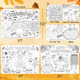 kortes 21 Pack Disposable Fall Thanksgiving Placemats for Kids, Paper Turkey Coloring Activity Paper Place Mat 3 Styles Thankful Autumn Table Mat Chargers for Dinner Table Children Fall Party Décor