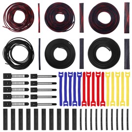 Swpeet 75Pcs 1/2" 1/4" 3/8" Expandable Braided Cable Sleeve and Heat Shrink Tube with Self-Adhesive Nylon Cable Ties and Reusable Fastening Cable Ties Assortment Kit for Automotive Wire