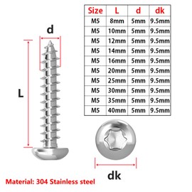 Qrity Pack of 100 M5 x 35 mm Self-Tapping Screws, Torx Flat Head Screws, Stainless Steel Round Head Self-Drilling Screws