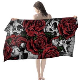LXTOPN Skull Beach Towel, Microfibre Beach Towel for Women, Bath Towel, Large, 80 x 160 cm, Beach Towels with Skull and Rose Motif, Black Skull Bath Towel