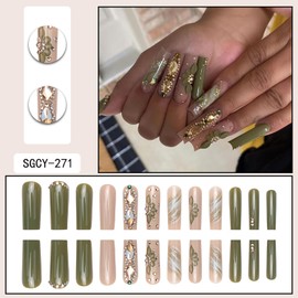 TBRZTR Press on Nails Long Length Rhinestones Glue on Nails Artificial Acrylic Nails with Green Flower Design Glitter Powder Square Nails Full Cover Coffin Nails Reusable Stick on Nails for Women